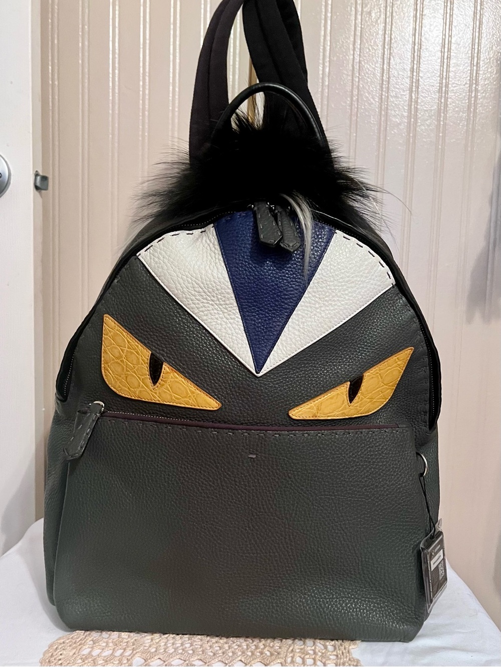Fendi Men's Gray and Dark Green Leather MONSTER Backpack with Yellow Eye Accents